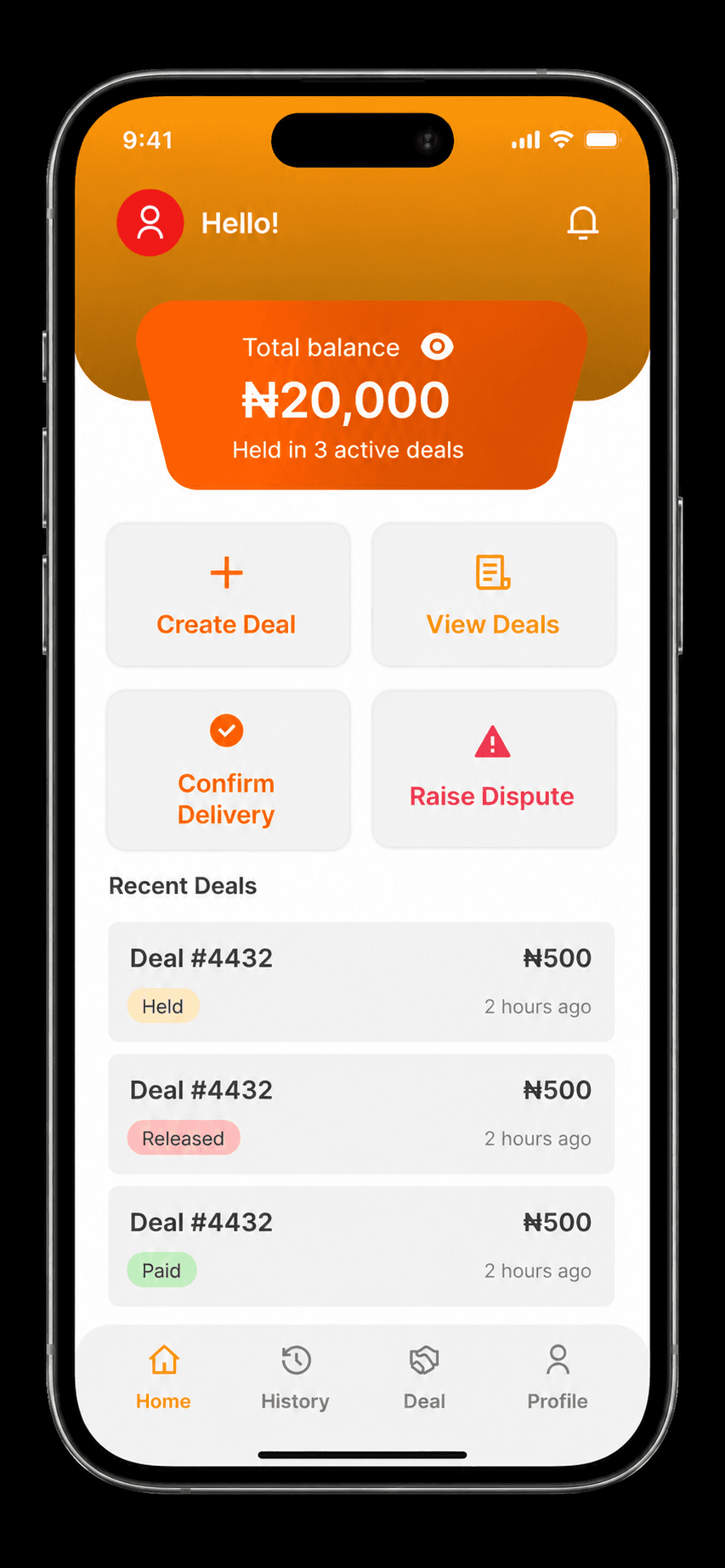 The Clario app showing an active deal held in escrow